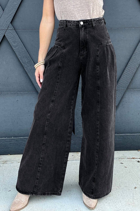 Umorger - Pleated Wide Leg Denim Pants