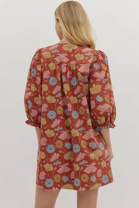 Entro - Botanical Print Puff Sleeve Mini Dress