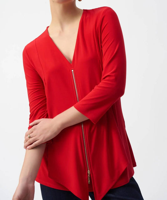 Joseph Ribkoff - Layered Zip Front Quarter Sleeve V-neck Top