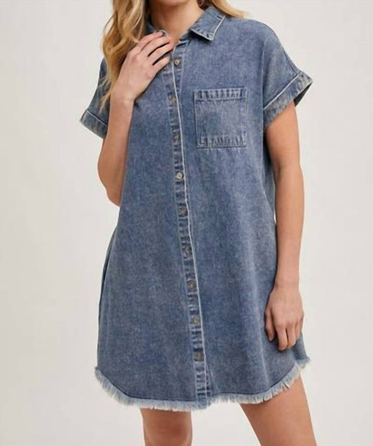 Bluivy - Frayed Hem Denim Shirt Dress