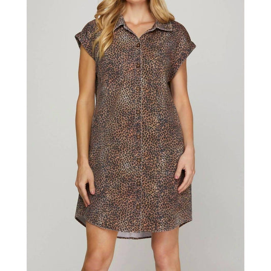 She + Sky - Short Sleeve Leopard Twill Washed Shirt Dress With Pocket