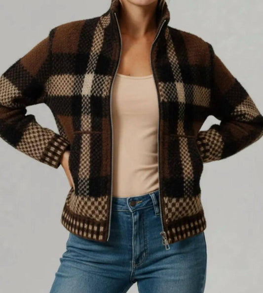 Kori - High Neck Zip Up Plaid Sweater Cardigan With Pocket