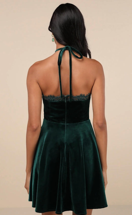 Lulus - Velvet Lace Halter Skater Mini Dress