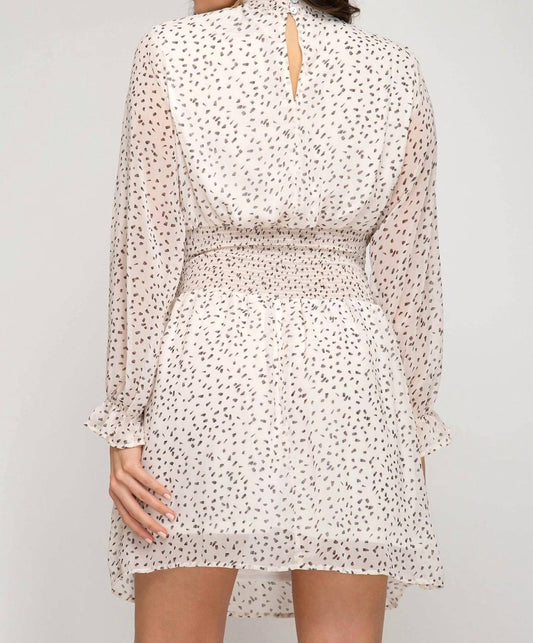 Smocked Mock Neck Polka Dot Dress