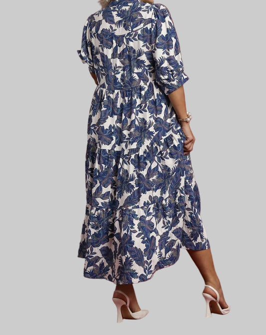 Umgee - Boho Leaf Print Tiered Midi Dress