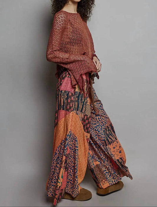 Pol - Vintage Patchwork Wide Leg Pants With Pockets