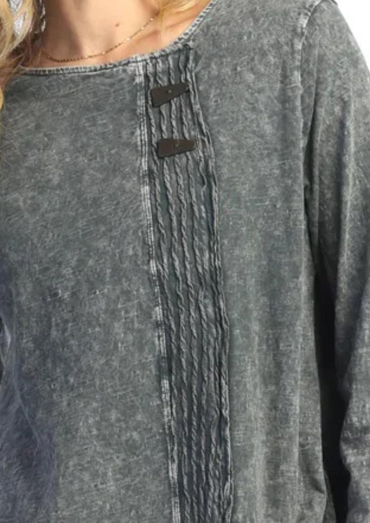 Jess & Jane - Wavy Contrast Faux Wrap Mineral Washed Tunic