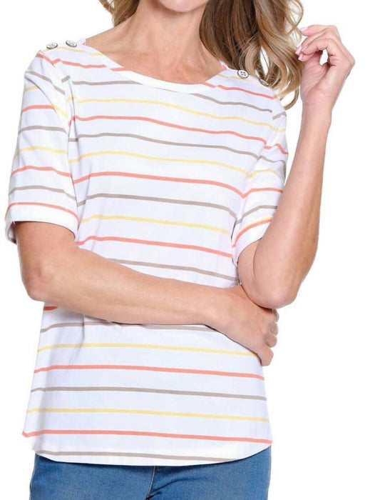 Multiples - Cuffed Elbow Sleeve Bateau Stripe Jersey Knit Top