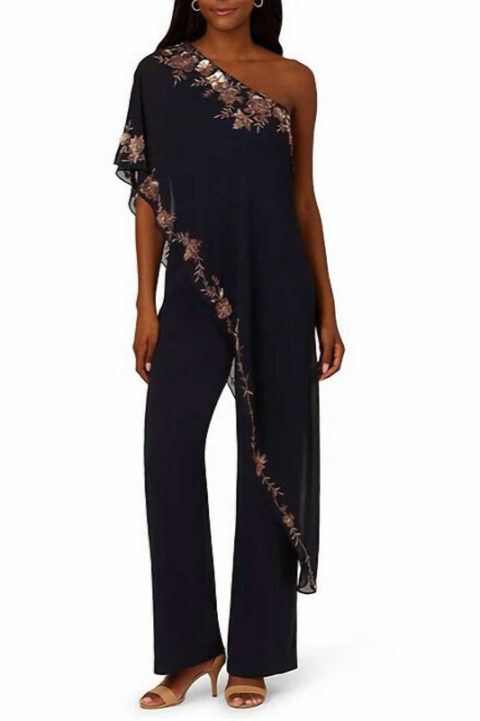 Adrianna Papell - Beaded Overlay One Shoulder Straight Leg Jumpsuit