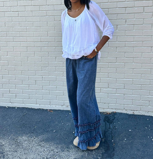 Mittoshop - Wide Leg Trimmed Blueberry Pants