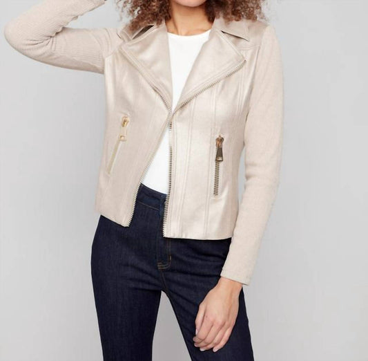 Charlie B - Vintage Metallic Faux Leather Knit Sleeve Jacket