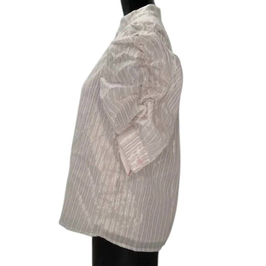 Ciebon - Women's Metallic Striped Puff Sleeves Button Top