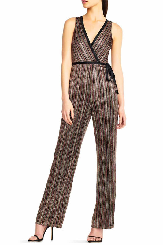 Aidan By Aidan Mattox - Sleeveless Piping Detail Tie Metallic Lurex Jumpsuit