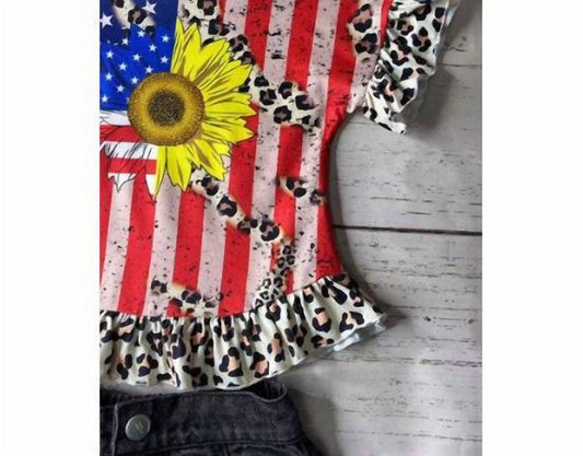 Kids Charm - Girl's Usa Flag & Sunflower Leopard Ruffle Top