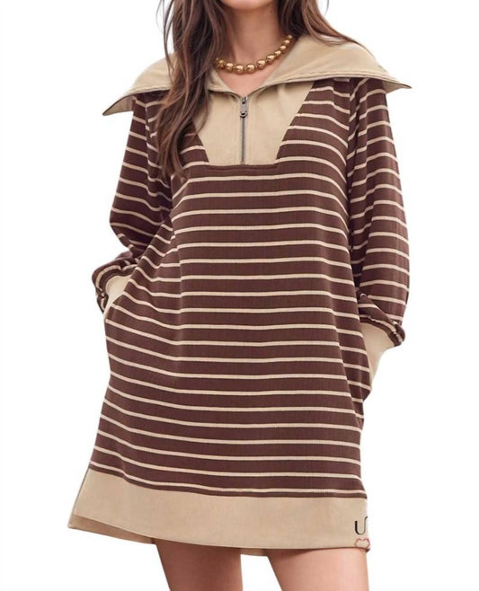 Entro - Misha Stripped Zipper Neckline Sweatshirt Dress