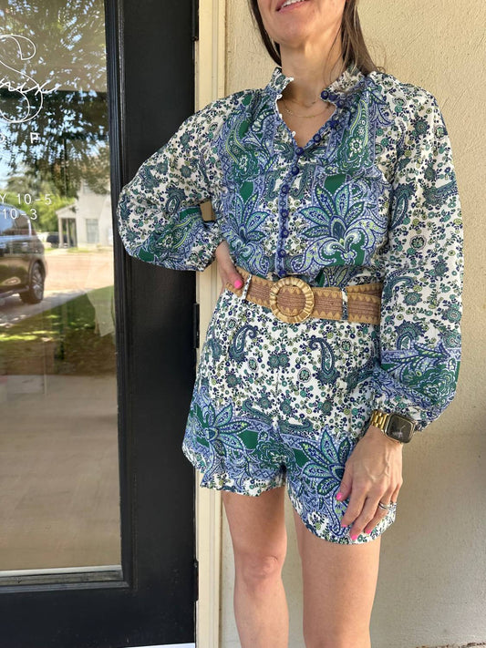 Sundayup - Stacy Printed Long Sleeve And Shorts With Belt Set