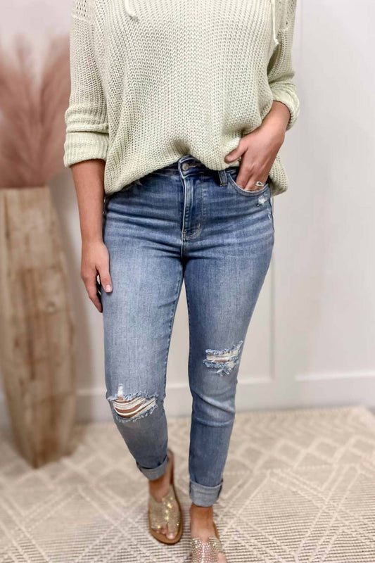 Judy Blue - Mid Rise Cuffed Distressed Skinny