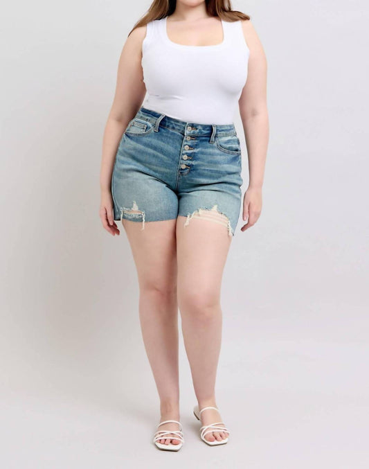Judy Blue - Mid Rise Vintage Button Fly Destroy Denim Short