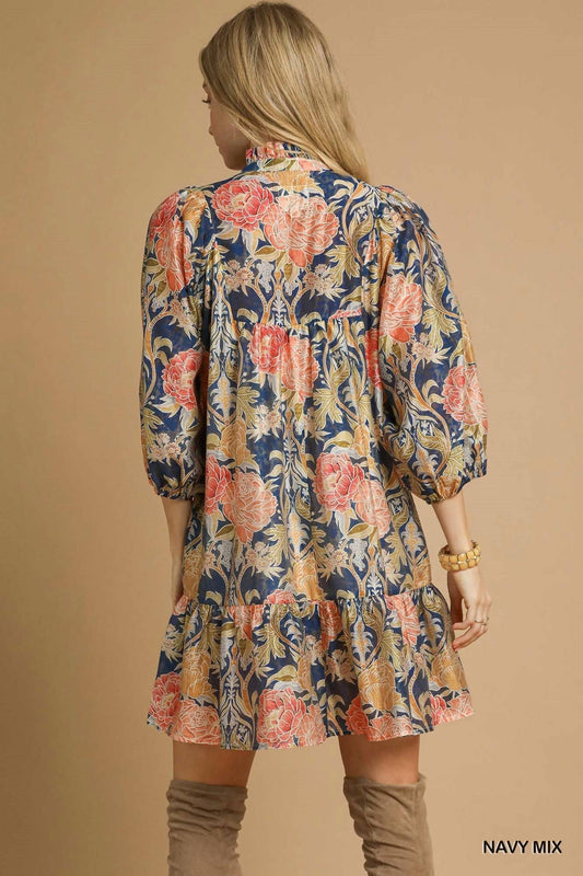 Umgee - Women's Abstract Print Puff Sleeve Dress