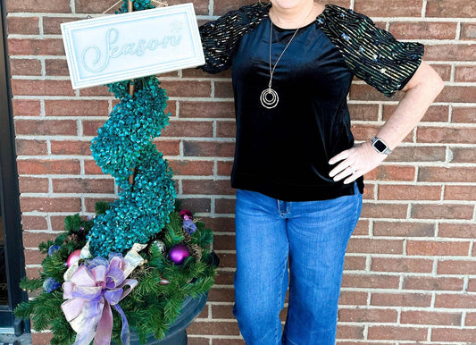 Umgee - Velvet & Sequin Top With Puff Sleeve