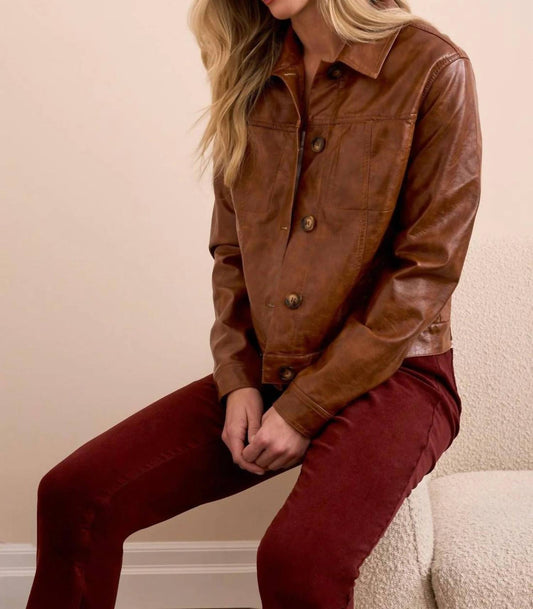 Tribal - Faux Leather Button-front Collar-accent Jacket