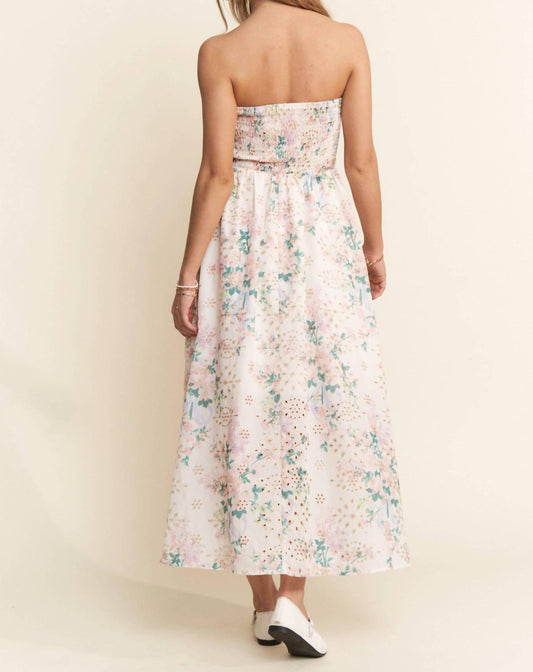 J.Nna - Floral Eyelet Ruched Strapless Midi Dress