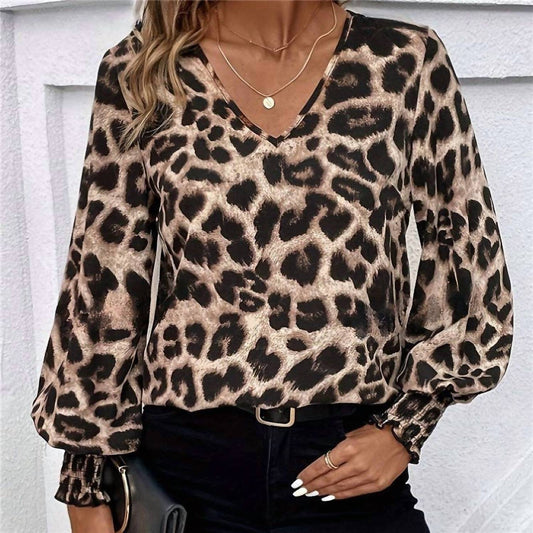 Uzwholesale - Leopard V-neck Lantern Sleeve Shirt