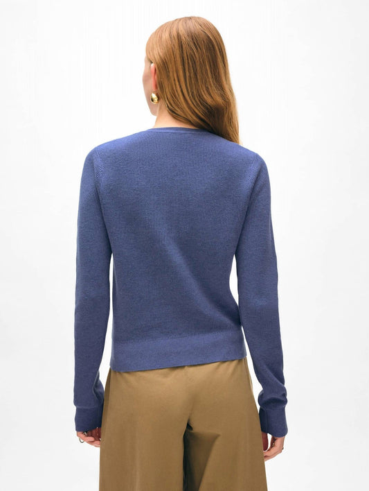 White + Warren - Fine Cotton Blend Ribbed Henley Sweater
