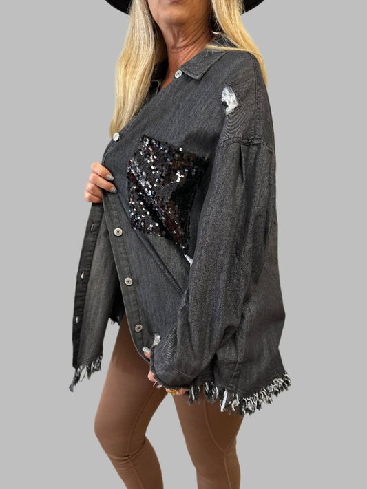 Before You - Denim Sequins Pocket Top