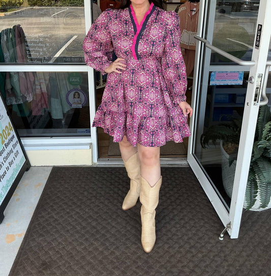 Umgee - Ruffled Neck Boho Print Mini Dress