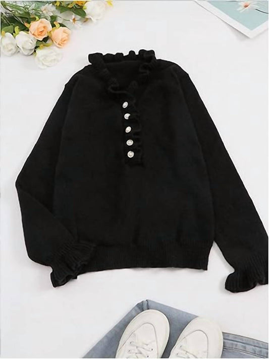 Hiddenbrand - Shelby Ruffle Knit Contrast Trim V-neck Sweater