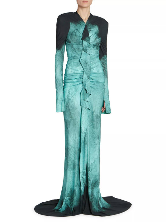 Victoria Beckham - Printed Fluid Jersey A/o Feather Dress