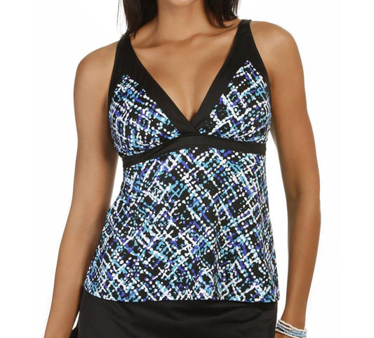 Caribbean Joe - V - neck Framed Surplice Tankini Top - bikinis - blue - clothing