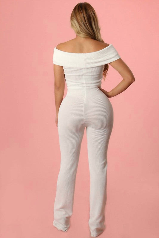 Yellow Cabbage - Ribbed Off Shoulder Jumpsuit