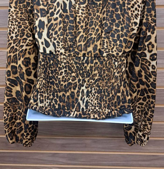 Papermoon - Women's Leopard Ruffle Elastic Mid Chiffon Button Blouse