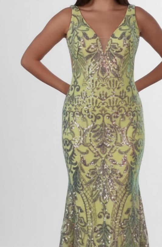 Jovani - V Neck Open Back Dress