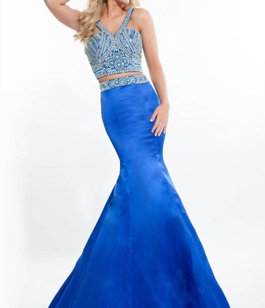 Rachel Allan - Matte Satin Two-piece Beaded Mermaid Prom Gown