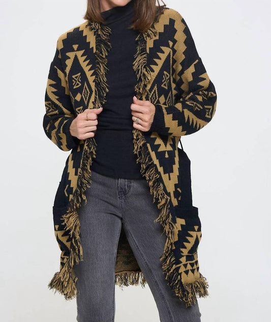 Reneec. - Tribal Print Cardigan with Fringe Detail and Tie