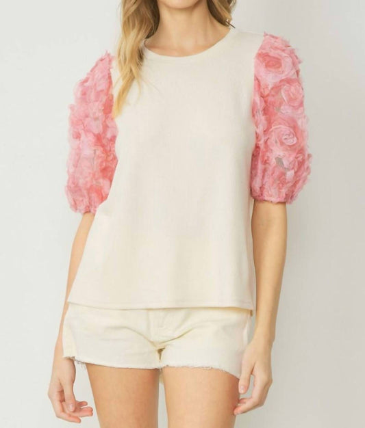 Entro - Ribbed 3d Floral Sleeved Top