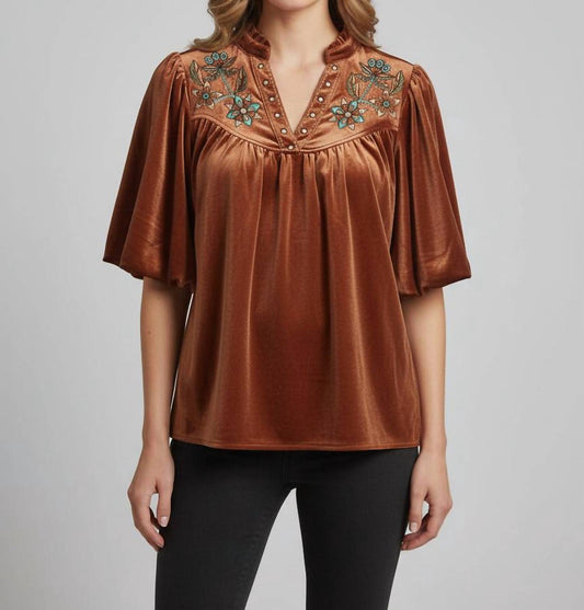 Thml - Velvet Puff Sleeve Embroidered Top