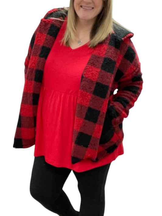 Honeyme - Buffalo Plaid Sherpa Sweater Jacket