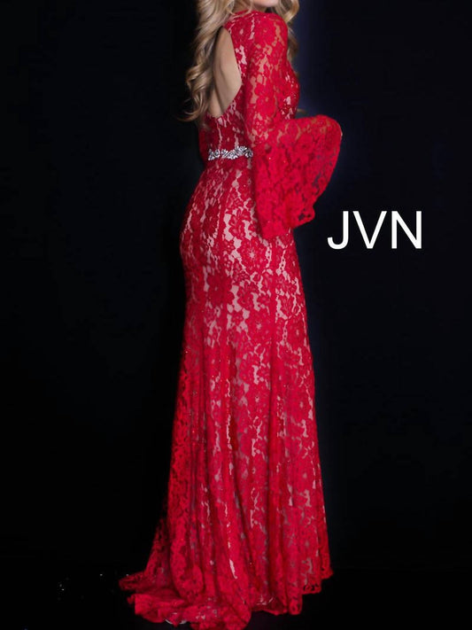 Jovani - Long Bell Sleeve Crystal Embellished Belt Lace Dress