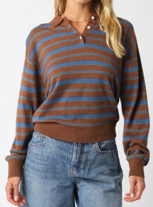 Olivaceous - Stripe Knit Collared Sweater