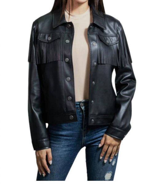Wrangler - Faux Leather With Fringe Trucker Jacket