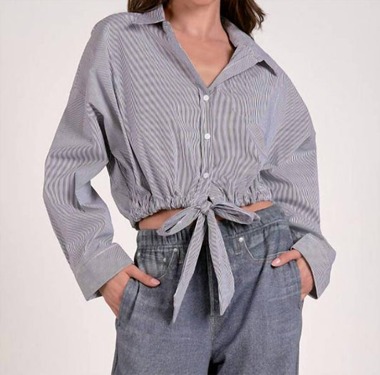 Elan - Button Up Stripe Blouse With Tie Bottom
