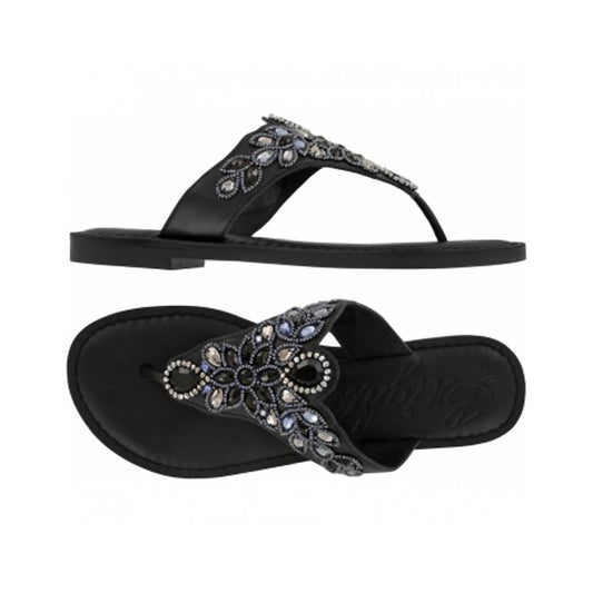 Brighton - Anju Embellished Black Leather Flat Thong Slip On Sandal