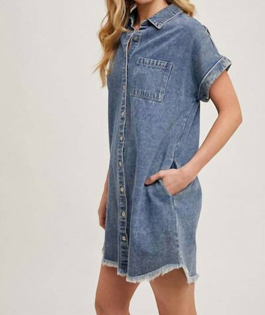 Bluivy - Frayed Hem Denim Shirt Dress