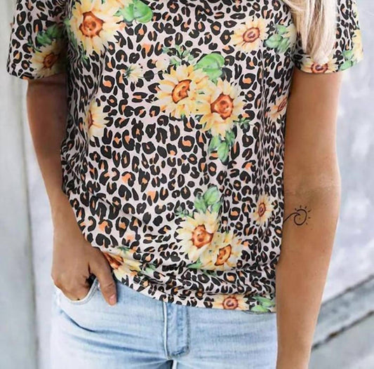 Shiying Fashion - Sunflower Leopard Tee With Cage V Neck