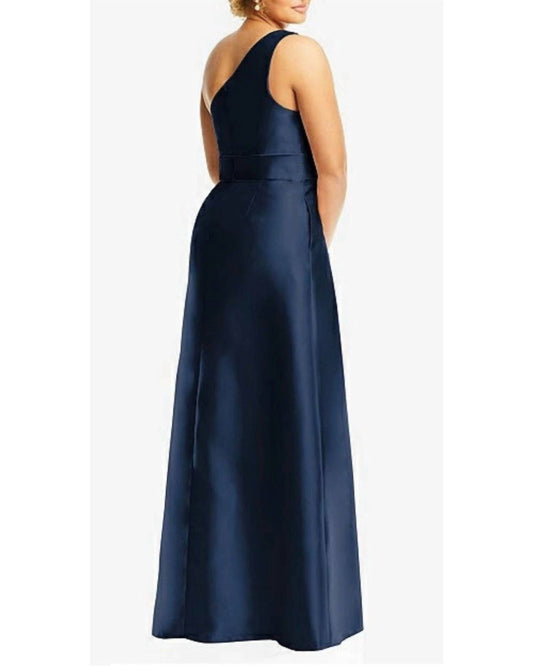Alfred Sung - Draped One Shoulder Satin Maxi Dress With Pockets