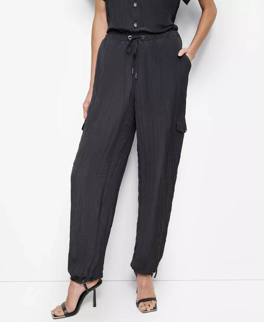 Dkny - Tie-waist High-rise Crinkled Jogger Cargo Pants